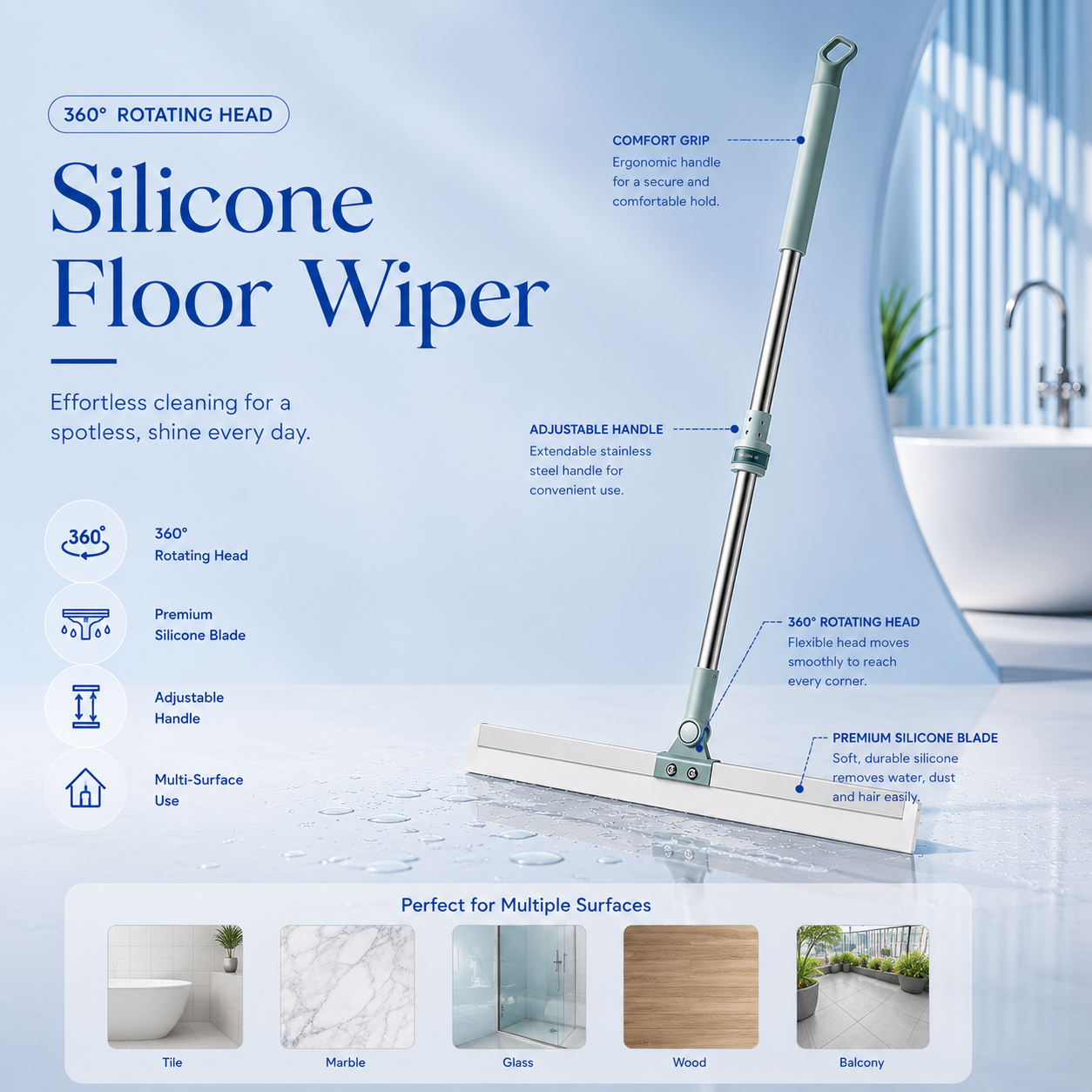 2-in-1 Floor Wiper with Adjustable Stainless Steel Handle | Multipurpose Water Wiper & Floor Cleaner for Home, Bathroom & Kitchen
