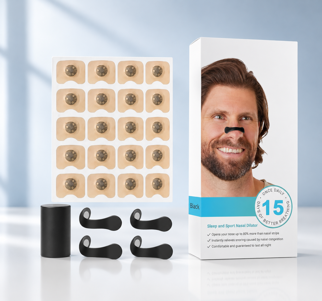 ILLUMITREND Magnetic Nasal Dilator Kit | Reusable Anti-Snoring Nose Clip with 15-Day Magnetic Adhesive Tabs