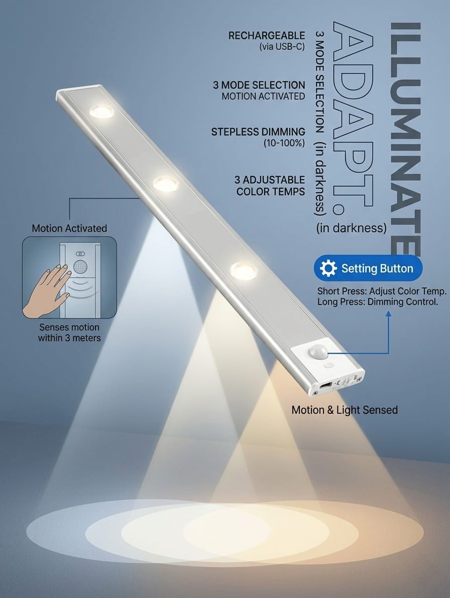 ILLUMITREND Under Cabinet Light | USB Rechargeable | Magnetic Motion Sensor LED – Kitchen, Wardrobe & Closet