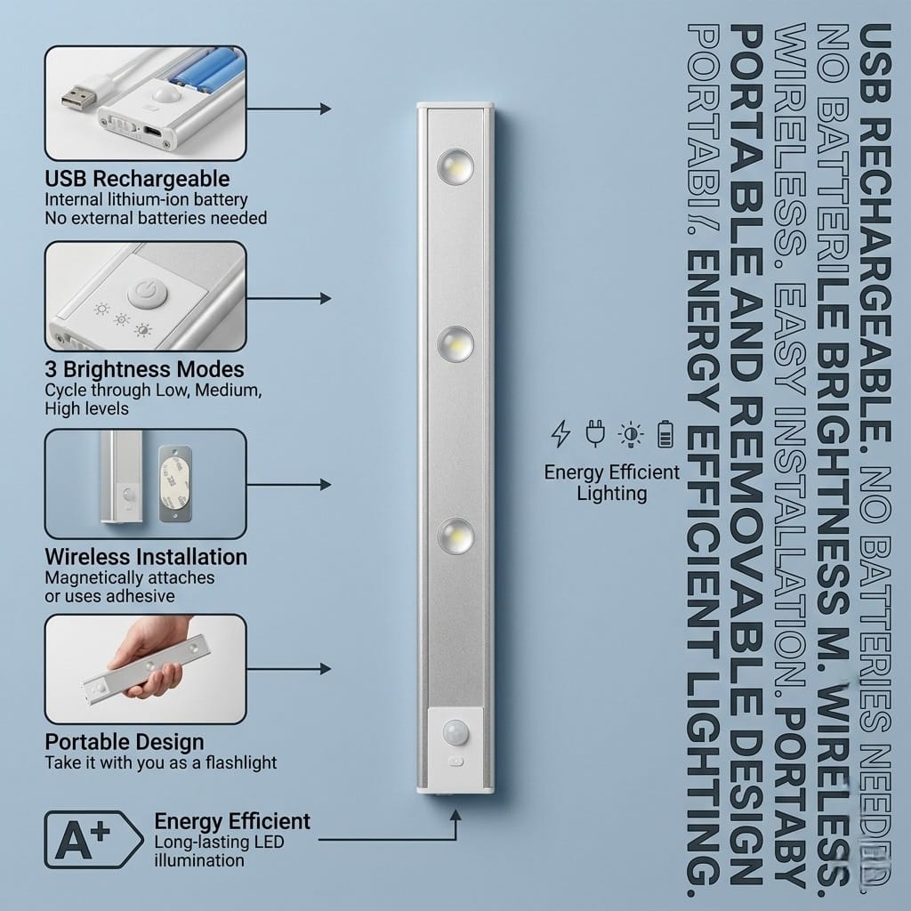 ILLUMITREND Under Cabinet Light | USB Rechargeable | Magnetic Motion Sensor LED – Kitchen, Wardrobe & Closet
