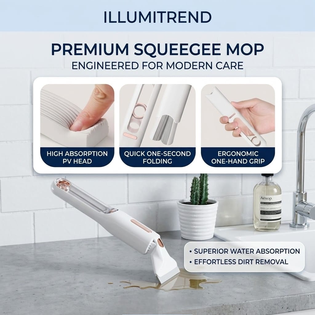 ILLUMITREND Mini Portable Self-Squeeze Mop | Handheld Cotton Sponge Mop for Kitchen, Desk, Windows & Bathroom Cleaning