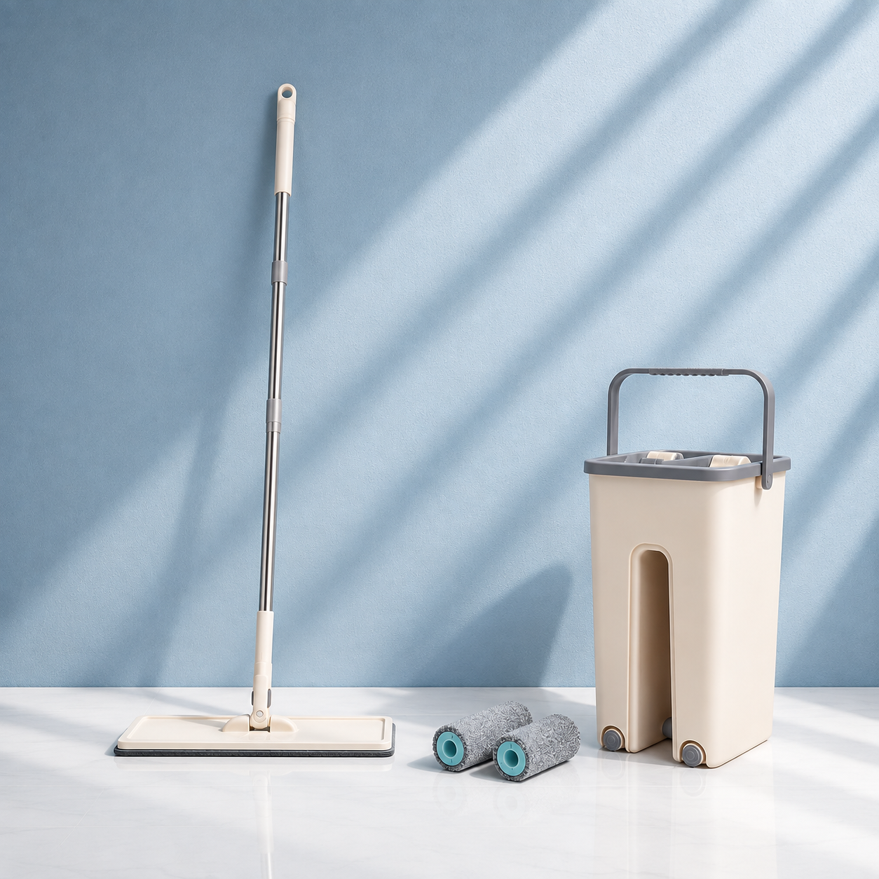 ILLUMITREND Flat Squeeze Mop & Bucket Set | Self-Wringing 360° Floor Cleaning System with Reusable Microfiber Pads