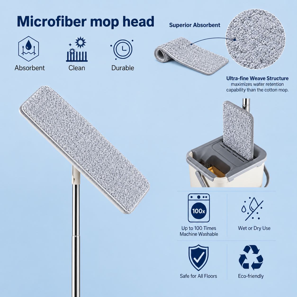 ILLUMITREND Flat Squeeze Mop & Bucket Set | Self-Wringing 360° Floor Cleaning System with Reusable Microfiber Pads