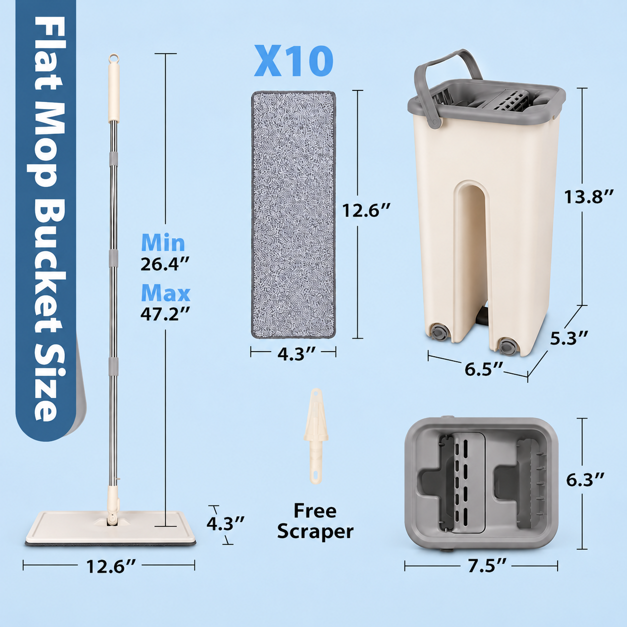 ILLUMITREND Flat Squeeze Mop & Bucket Set | Self-Wringing 360° Floor Cleaning System with Reusable Microfiber Pads