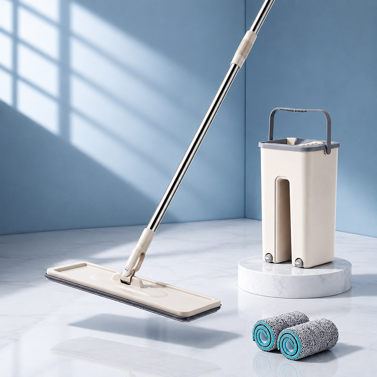 ILLUMITREND Flat Squeeze Mop & Bucket Set | Self-Wringing 360° Floor Cleaning System with Reusable Microfiber Pads