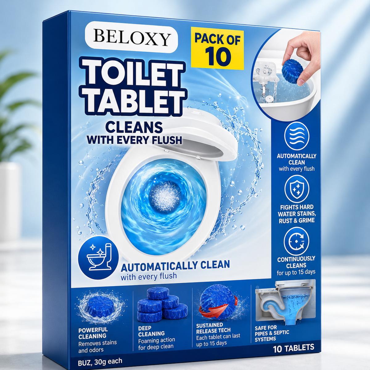 Toilet Cleaning Tablets – Automatic Toilet Bowl Cleaner for Stains, Rust & Grime | Pack of 10