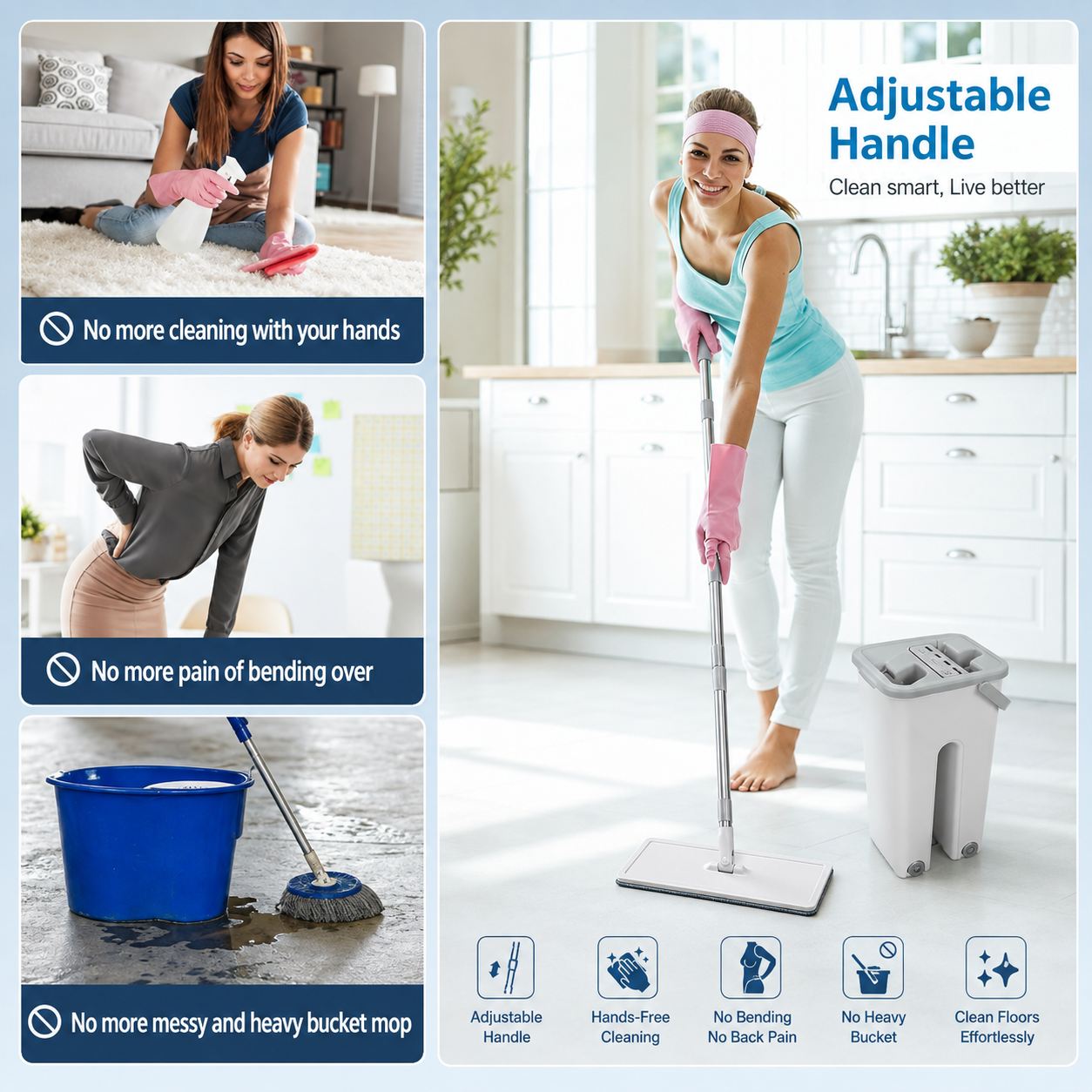 ILLUMITREND Flat Squeeze Mop & Bucket Set | Self-Wringing 360° Floor Cleaning System with Reusable Microfiber Pads